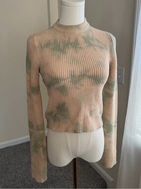 Princess Polly Mock Neck Ribbed Beige & Green Tie Dye Pullover Cropped Sweater
